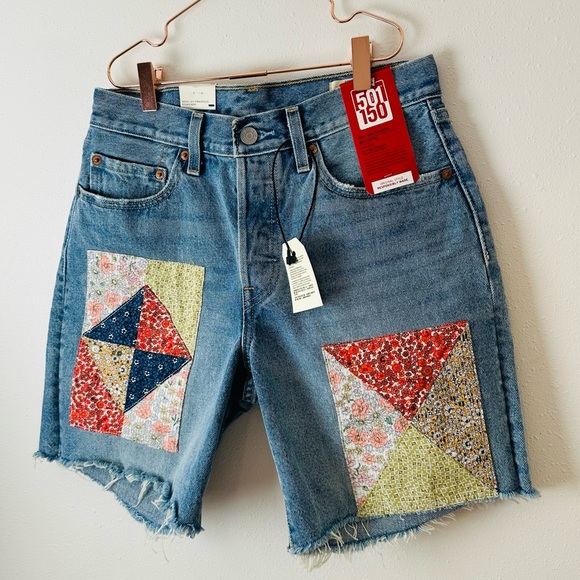 New Levi’s 501 90’s  Patchwork shorts anniversary edition light wash jean - Picture 7 of 14